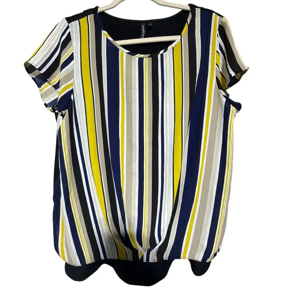 Zoe+Chloe Size Large Mixed Media Striped Short Sleeve Top Black Yellow - Picture 2 of 5